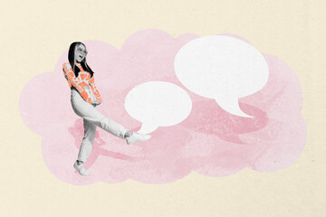 Full 3d image banner sketch collage of happy girl stand icon bubble speech communication chatterbox monologue phrase concept