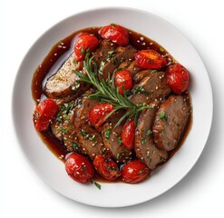 Roasted Pork Tenderloin Slices with Cherry Tomatoes and Herbs on White Plate