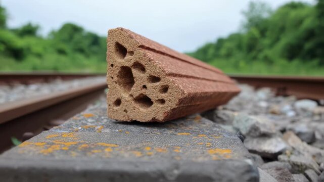 Closeup of a biodegradable rail sleeper made from biocompound materials highlighting its texture with the background railway blurred to emphasize ecofriendly innovation.