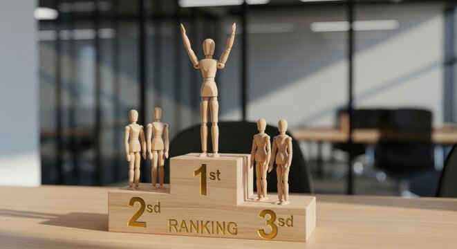 Corporate Triumph - Wooden Mannequin Celebrates on a First Place Podium in a Blurred Office Setting.