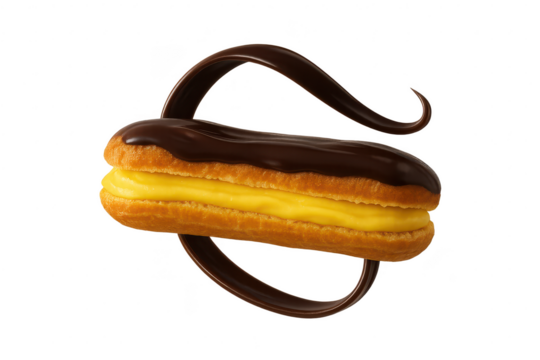 Delicious chocolate eclair with cream filling, elegant swirl, isolated subject.