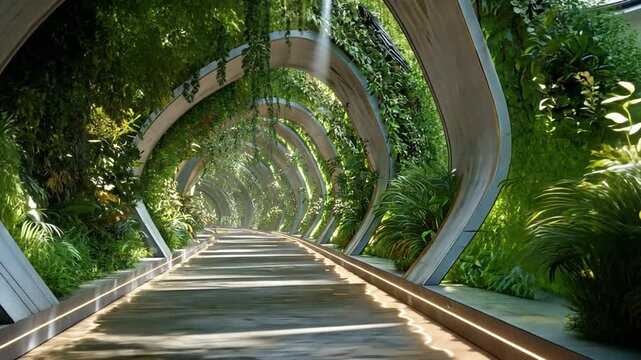 Green corridor, futuristic urban pathway glowing with integrated greenery and digital lighting.