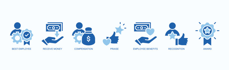 Employee Rewards Icon Set Isolated Vector With Icon Of Best Employee, Receive Money, Compensation, Praise, Employee Benefits, Recognition, Award In Two Color Glyph Style