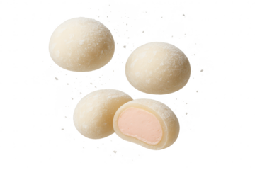 Sweet Japanese mochi dessert with pink filling isolated on transparent background.