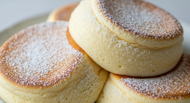 Stack of fluffy, golden-brown souffle pancakes, dusted with powdered sugar, presented close-up.