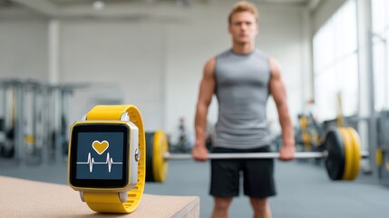 A fitness enthusiast lifts weights in a gym, while a smartwatch on the table displays a heart rate monitor, blending technology with exercise.