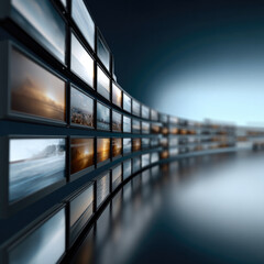 Obraz premium Multiple floating screens display digital images in curved futuristic room, creating modern immersive technology environment