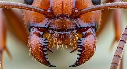 Close up of an ants face with its mandibles.
