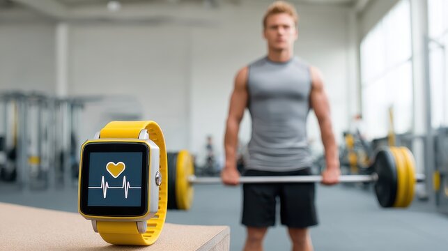 A fitness enthusiast lifts weights in a gym, while a smartwatch on the table displays a heart rate monitor, blending technology with exercise.