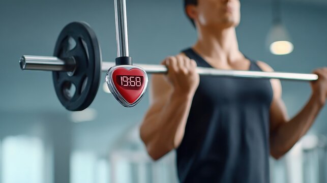 A man lifts a barbell equipped with a heart rate monitor, showcasing fitness and strength training in a gym environment.