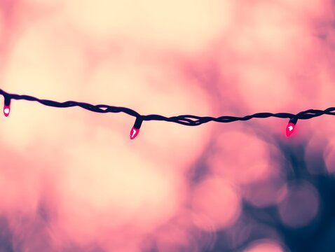 String of red christmas light bulbs against soft pink bokeh background