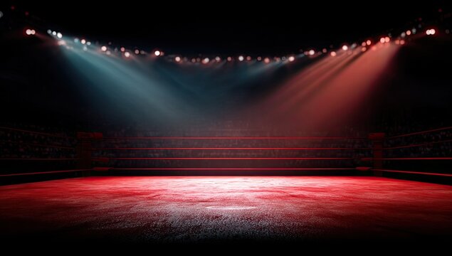 An empty boxing ring lit dramatically with red and blue spotlights against a blurred background