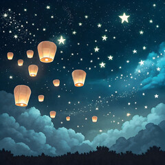 A magical dreamlike night sky filled with stars and glowing flying lanterns