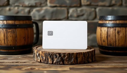 Banking Card on Display: A sleek, blank bank card stands proudly on a rustic wooden pedestal, flanked by weathered barrels, suggesting a backdrop of financial security and reliable transactions.