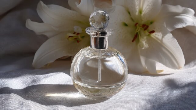 A clear glass perfume bottle with a dabber against a floral background