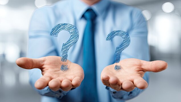 Man in light blue shirt presents two blue sketched question marks on open palms