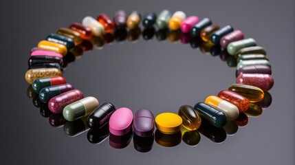 Obraz premium Arrangement of assorted colorful vitamin capsules on a reflective surface