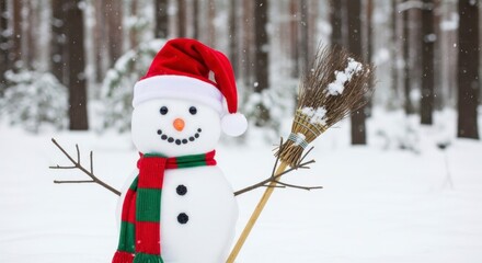 Fototapeta premium Cheerful Snowman in Santa Hat Holding a Broom in a Snowy Forest