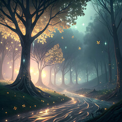 A surreal dreamscape forest with liquid ground and floating elements, blending fantasy