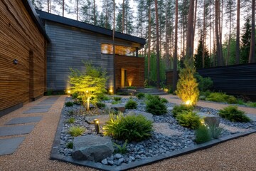 Obraz premium Modern garden design at dusk showing a serene outdoor space with illuminated plants and stones near a contemporary wooden house in a forest setting