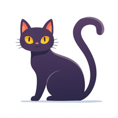 Fototapeta premium A charming black cat with large yellow eyes and a long curled tail, depicted in a simple, clean vector art style.