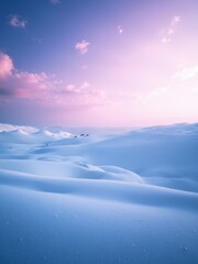 Obraz premium Ethereal Pink and Purple Sunset Over Pristine Snow Dunes in Arctic LandscapeDescription A breathtaking, vertical photograph capturing a vast, pristine snow-covered landscape composed of soft, undula