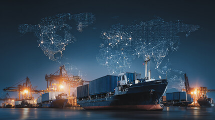 Obraz premium Double exposure of Twilight view of Container truck in ship port for business Logistics and transportation of Container Cargo ship and Cargo plane with working crane bridge with Earth and world map