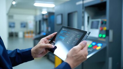 Operator uses a tablet to monitor and adjust machinery settings in an industrial facility. The environment is organized and equipped with advanced technology for efficiency - Powered by Adobe