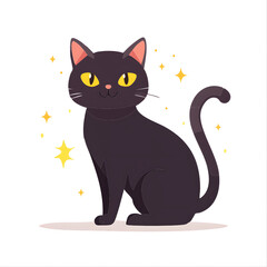 Fototapeta premium A cute black cat with bright yellow eyes sitting and looking forward, surrounded by sparkling yellow stars.