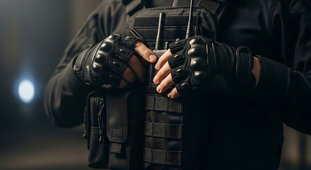 Security professional in tactical vest adjusts radio for critical communication during operation