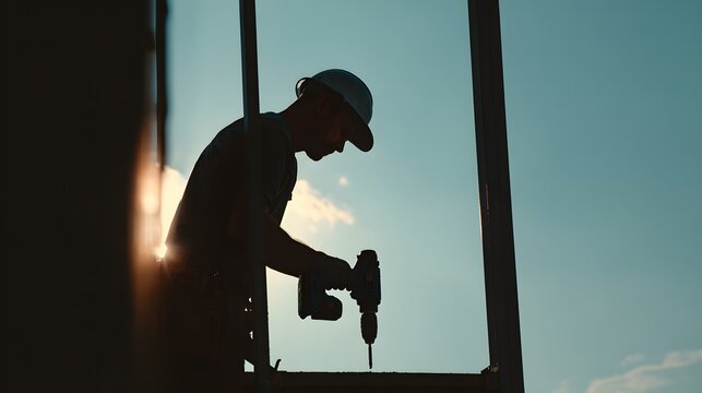 Silhouette of a construction worker using a power drill, the sun is shining behind him, creating a bright, contrasting effect with the man's form and a blue sky background, emphasizing the process of.