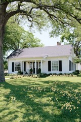 Charming white house with black shutters surrounded by lush greenery and blooming flowers on a sunny day in a peaceful neighborhood