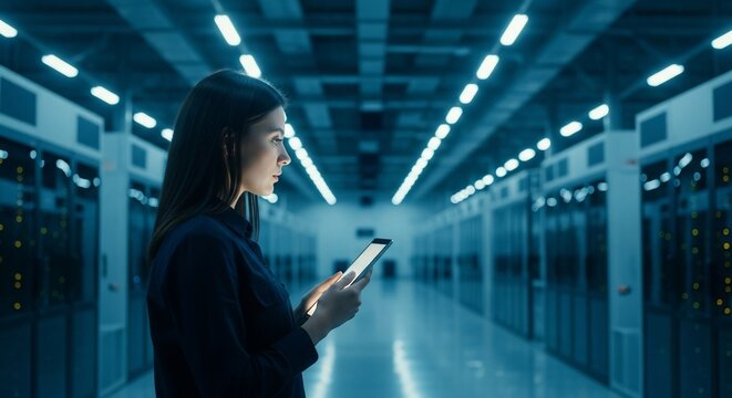 Elegant engineer monitors data flow on tablet in modern server room, ensuring seamless connectivity and optimal performance with cutting edge technology - Powered by Adobe
