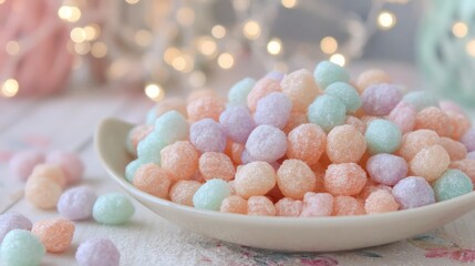 Close up of candy covered pastel sugar coated tablets in a bowl