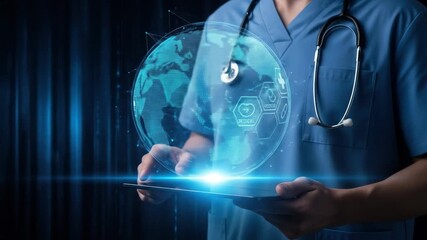Doctor using a tablet with a holographic globe and medical symbols. - Powered by Adobe