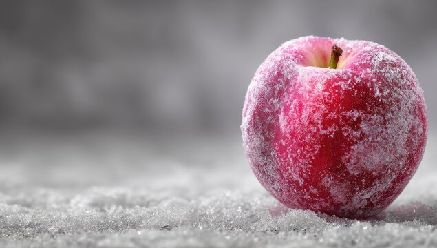 Frost-covered crimson apple nestled on a bed of snow against a blurred, monochrome background