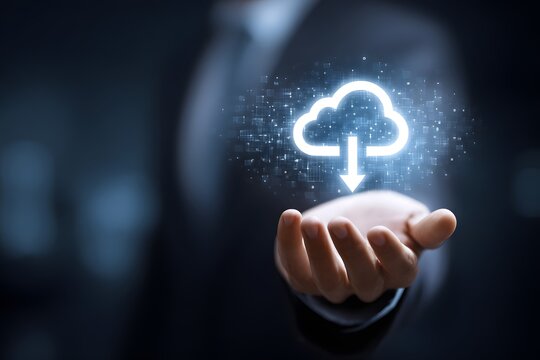 Businessman touching glowing cloud icon with upload arrow, digital data storage, cloud computing, technology innovation, and online service concept