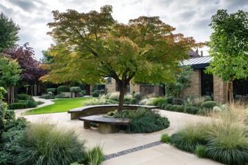 Fototapeta premium Beautiful urban garden with a vibrant tree and serene pathways in the late afternoon sun, creating a peaceful retreat with natural elements and artistic landscaping