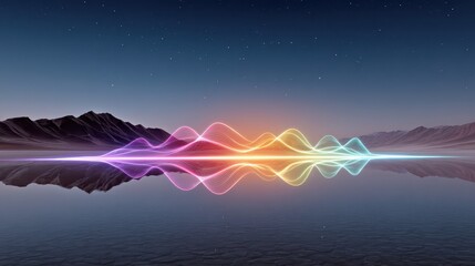 A serene landscape featuring colorful sound waves reflected on still water, framed by mountains under a starry sky.