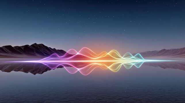 A serene landscape featuring colorful sound waves reflected on still water, framed by mountains under a starry sky.