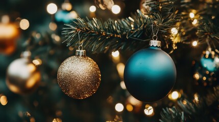 Christmas Tree with Golden and Blue Ornament Decorations