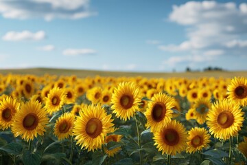 Fototapeta premium Bright yellow sunflower stands out in a vast field of blooming yellow flowers under a blue sky