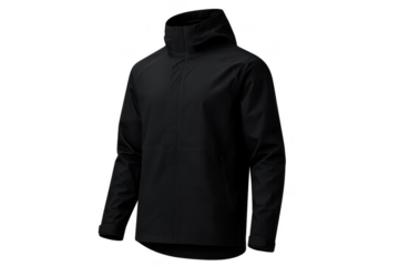 Stylish black hooded rain jacket isolated on transparent background, modern outerwear