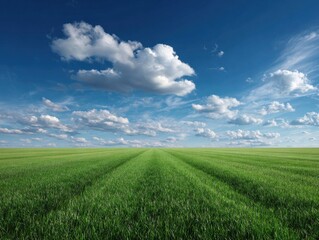 Obraz premium Vast green field under a bright blue sky with scattered clouds