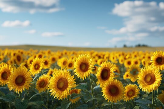 Bright yellow sunflower stands out in a vast field of blooming yellow flowers under a blue sky - Powered by Adobe