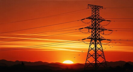 Silhouette of an Electrical Pylon Against a Fiery Sunset Sky.