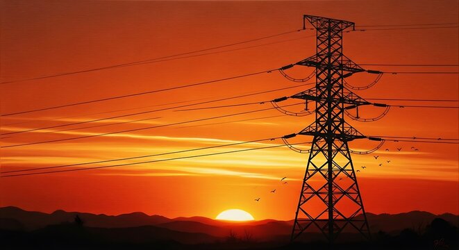 Silhouette of an Electrical Pylon Against a Fiery Sunset Sky. - Powered by Adobe