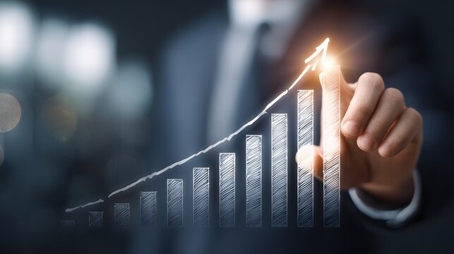 Businessman drawing glowing upward arrow on financial growth chart, concept of success, profit, investment, and positive trend in business performance