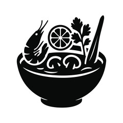 Vector silhouette of a shrimp noodle bowl with lemon and herbs.