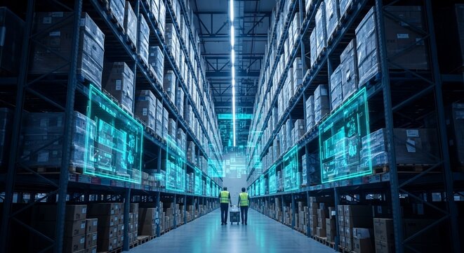 Warehouse workers optimize logistics with innovative technology and track packages with advanced AI in a modern distribution center for peak efficiency - Powered by Adobe